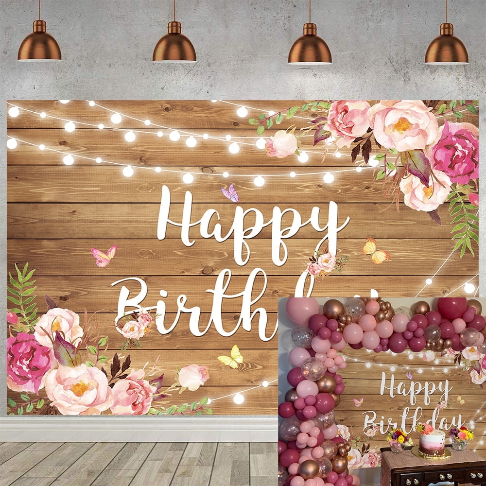 7×5FT Birthday Backdrop Brown Glitter Wood Wall Birthday Banner Easter Party Supplies Spring Flower Butterfly Birthday Background Pink Birthday Decorations for Girls